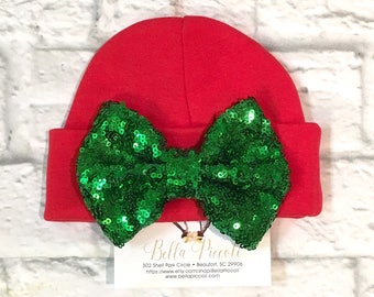 Newborn Hats, Girls Christmas Hat, Sequin Bow Newborn Hats, Newborn Girl Hats, Sequin Baby Hats, Sequin Bow Hats, Baby Girl Hats, Baby Hats