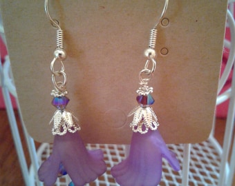 Beautiful Violet Lucite Earrings with Purple Crystal Accents. Floral Drop. Makes a Perfect Gift.