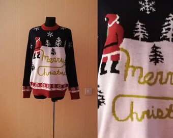 Vintage Men's Ugly Christmas Sweater Santa Claus Merry Christmas Pullover Holiday Sweater Blue Brown White 1980's Pullover Size Large
