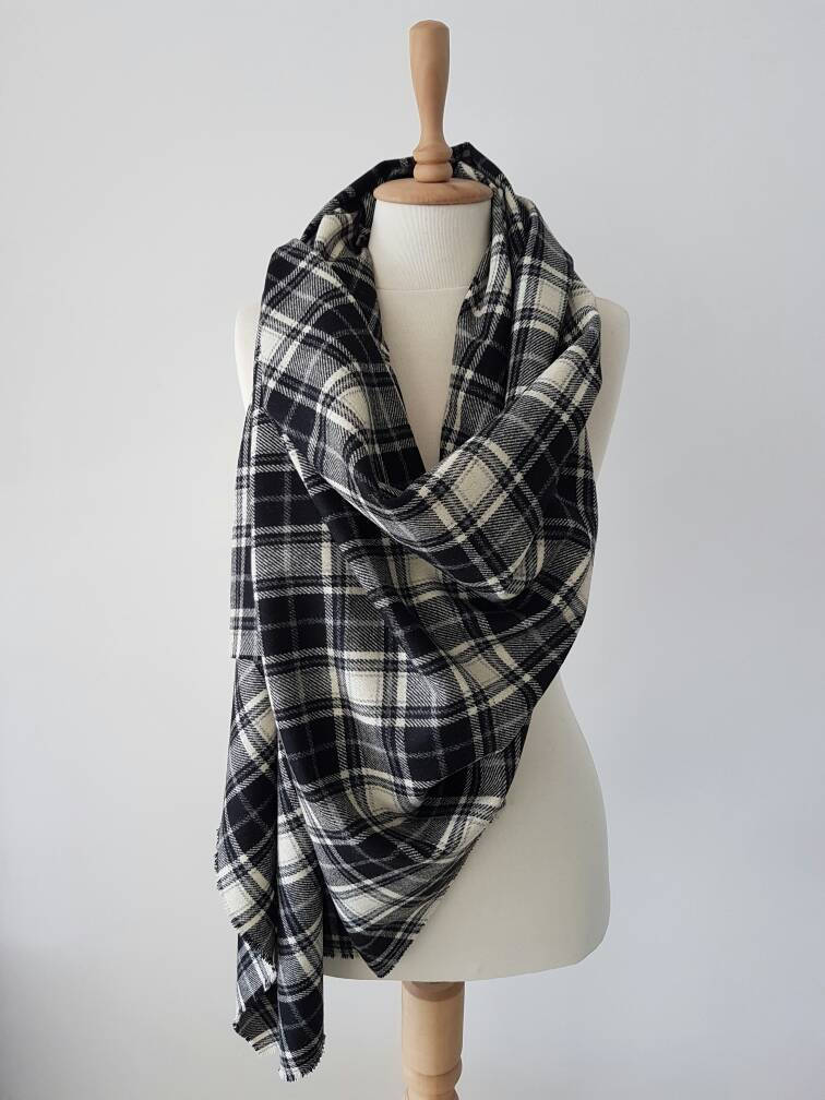 Plaid Wool Scarf Blanket Black White Warm Comfy Big Fall