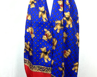 70s cute bears scarf / vintage scarf royal blue / bear print / gift / valentines / sweet scarf