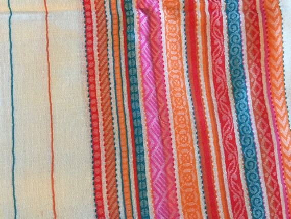 A beautiful, pure Sheep Merino Wool scarf, stole, shawl in cream with woven border and stripes weaved all over