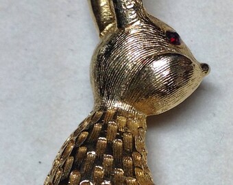 Vintage Rabbit Brooch Gold Tone Rabbit Brooch Red Rhinestone Eyes - Easter - Bunny Brooch