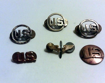 Vintage Genuine WWII U.S. Military Badges Collar Pin US and Brass Wings with Propeller
