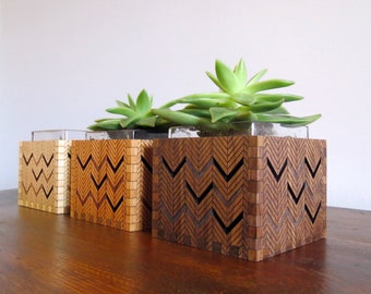 Wood Succulent Holder - Engraved Wood Vase - Wood Votive Holder - Chevron - Herringbone -