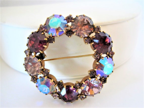 Designer Amethyst Brooch, AB Purple Rhinestones, Signed Karu Arke, Austrian Crystals, Circle Pin