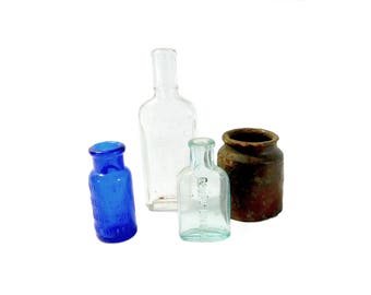 Antique Medicine Bottles, Blue Glass, Cobalt Glass, Stoneware, Apothecary Bottles, Vintage Small Bottles, Baltimore MD Bottles