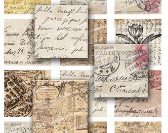 Postcards hand written letters handwriting flowers maps 2 inch squares - Digital Collage Sheet, Download and Print Jpeg Clip Art Images
