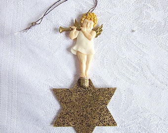 Vintage Christmas Ornament Angel Playing Horn German Christmas Decoration Gold Star