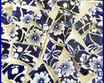 65 Broken China Mosaic Tiles~ 1/2" Cobalt BLUE & WHITE Floral CALICO Chintz