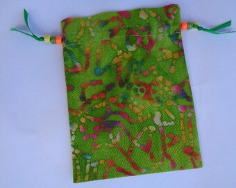 Green Multicolored Batik Cotton Tarot, Rune or Crystal Keeper Bag