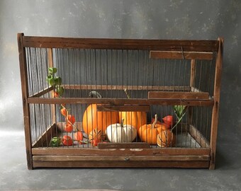 Vintage wood wire birdcage, primitive, rustic, large