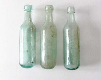 1800s round bottom bottle collection, set of 3 antique soda bottles