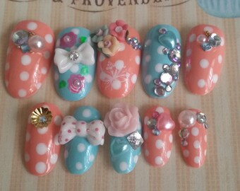Press on Nails Kawaii Hime Gyaru Japanese Pink & blue Polka Dot Nails