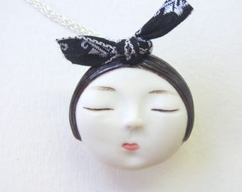 Little head Face Handmade Porcelain Ceramic Pendant Necklace