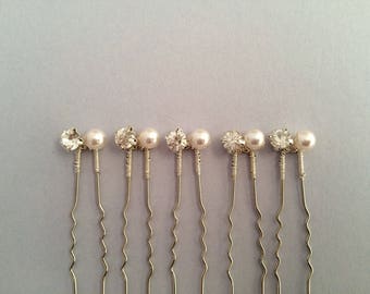 Bridal hair pins, bridesmaid hair pins, crystal hair pins, silver hair pins, pearl hair pins