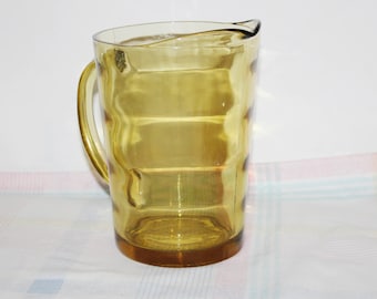 Hazel Atlas Water Pitcher or Juice Pitcher Gold/Amber Color Wave Design in Glass