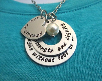 Proverbs 31:25 She is clothed in strength and dignity - Hand stamped stacked washer necklace - Christian necklace - Mother of the Bride