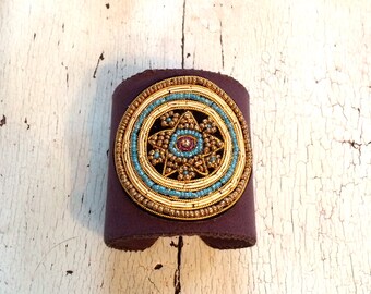 Brown Faux Suede Beaded Cuff