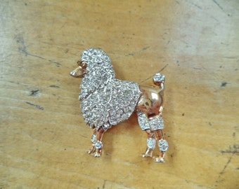 Vintage Signed Crown Trifari Sterling Gold Plate Crystal Rhinestone Poodle Dog Brooch Pin Figural Animal Jewelry