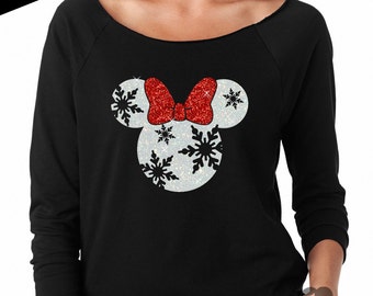 GLITTER Disney Christmas Holiday Snowflake Minnie Lightweight Sweatshirt - (6951 black) red / white glitter