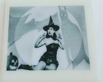 Retro Halloween coaster pin-up girl Jack-o'-lantern witch's hat black cat vampire bat horror film theme Trick or Treat haunted house party