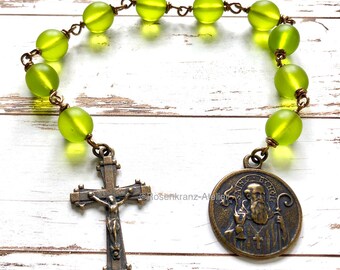 Chaplet, Saint Benedict medal,exorcism prayer, handcast bronze religious medal and cross, Single decade rosary beads, by Rosenkranz-Atelier