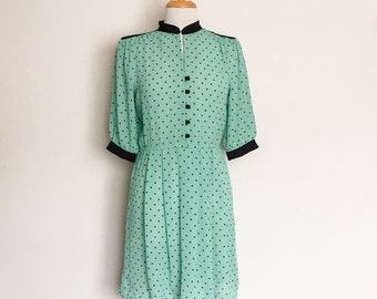 1980s Green Black Polka Dot Day Dress Vintage