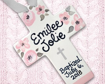 Cross for Baptism - Personalized Baptism Cross - Pink Blush and Gray - Baptism Gift Girl - Girl Baptism Gift Godparents