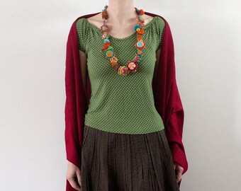 Colorful chunky necklace, fiber art statement jewelry, long floral necklace, crochet with fabric buttons and felt beads, OOAK
