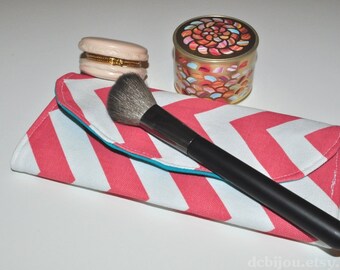 Makeup Brush Case // Coral Chevron Travel Brush Organizer - Coral and Turquoise Mini Brush Roll - Gift for Her - Made to Order