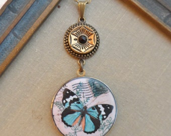 50% Off Antique Button Locket Necklace- Butterfly- Steampunk Designs by Timeless Trinkets