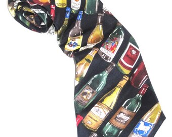SILK WINES VINO Necktie Assorted Bottles on Navy Neck Tie