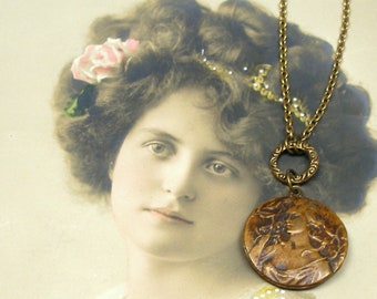 Art Nouveau BUTTON necklace, VFrench lady with rose on brass. Button jewellery. Present, gift.