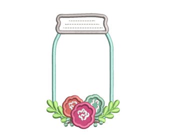 Floral Mason Jar Monogram Frame Applique Embroidery Design- Instant Download
