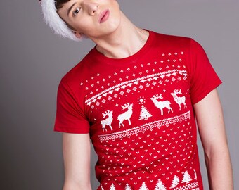 Mens Retro Christmas Jumper style Ugly Sweater style Xmas Holidays Reindeer Tshirt - Christmas Red
