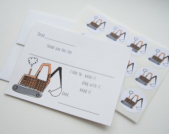 Excavator Fill in the Blank Thank You Note Stationery Set with Stickers