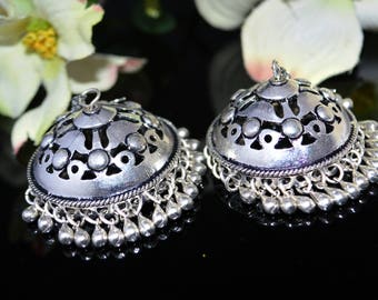 Silver tribal Earrings,Kucchi Bell Jhumkas,Ethnic Silver Jewellery,Earrings Chandelier,Temple Indian Jewellery by Taneesi Jewelry YJ238S