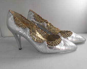 Vintage Rene Caovilla Silver Pumps size 37 leather with rhinestones and silver sole!!!