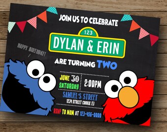 Sesame Street Birthday Invitation - Sesame Street Joint or twins birthday invitation ,Twins, Twin