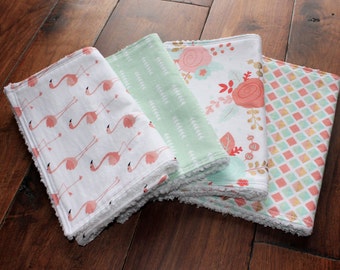 Stella Bundle, baby girl burp cloths, Burp Cloth Set, floral baby, floral burp cloths, flamingo nursery, baby girl, baby gift, flamingo baby
