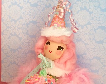 Cupcake doll birthday girl centerpiece pink blue green pink hair art doll celebrate birthday party decor vintage retro inspired keepsake dol
