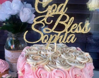 Personalized God Bless Cake Topper, Baptism Cake Topper, Christening Cake Topper, Any name, Gold Glitter Baptism Cake Topper