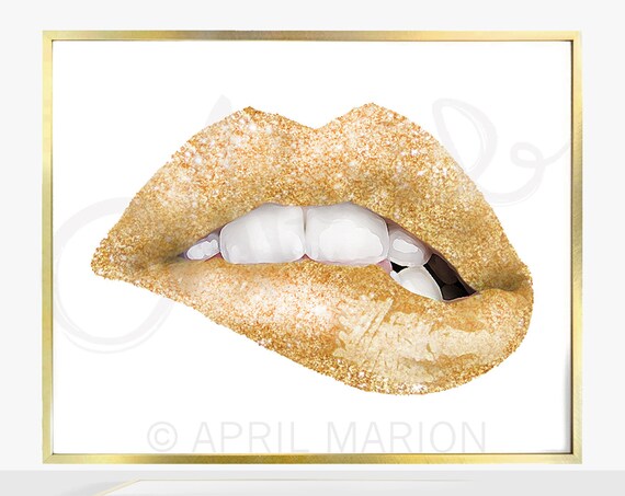 Digital Fashion Gold Lips Bite Print Quote Illustration