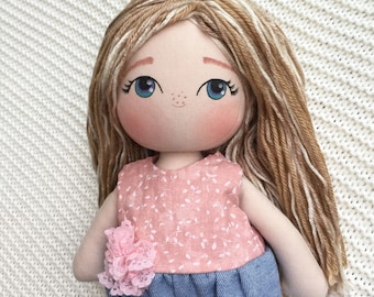 Personalized Cloth Doll - Blonde Fabric Doll - Doll with Wool Hair - Author's Pattern Cloth Doll - Pastel Rag Doll - Girl Gift Idea -