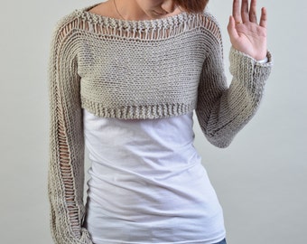 Hand knit sweater, Little shrug, cover up top in light grey-S/M ready to ship