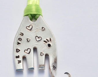 Elephant Ornament WE (heart) YOU // Eyelashes & Hearts // made from Recycled Fork with Lime Ribbon