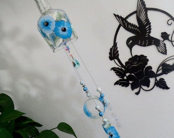 Glass Wind Chime, Recycled bottle wind chime, Flowers, Sun catcher, Blue, yard art, clear glass, House warming gift