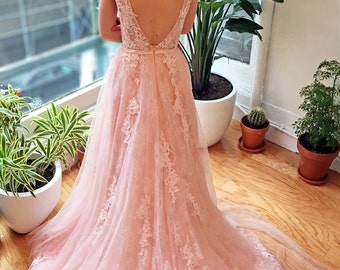 Pink Blush Lace V Back Wedding Dress