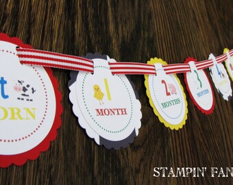 Barnyard Bash Collection: Just Born/0-12 Months Barnyard First Birthday Photo Picture Banner for hanging 4x6" pictures. Farm Birthday.